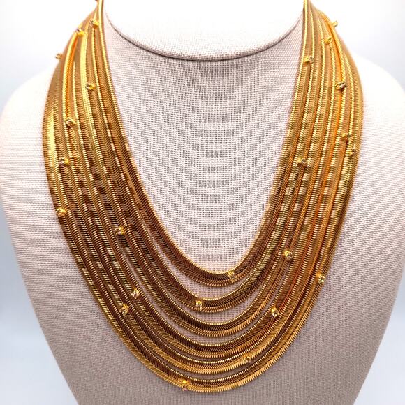 Snake Chain 6 Strand Necklace, Rhinestone Accents, Gold Tone, 17" - Picture 1 of 11